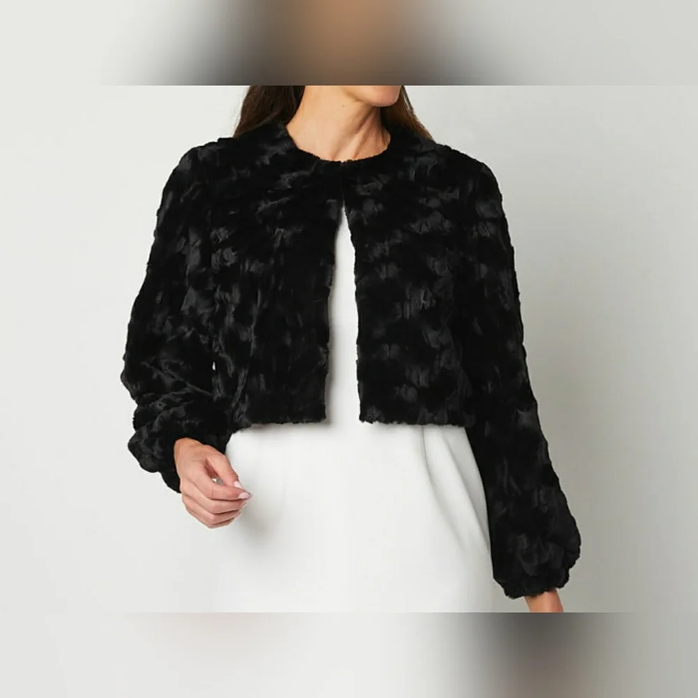 Perceptions Faux Fur Women's Round Neck Long Sleeve Shrug - Picture 3 of 12